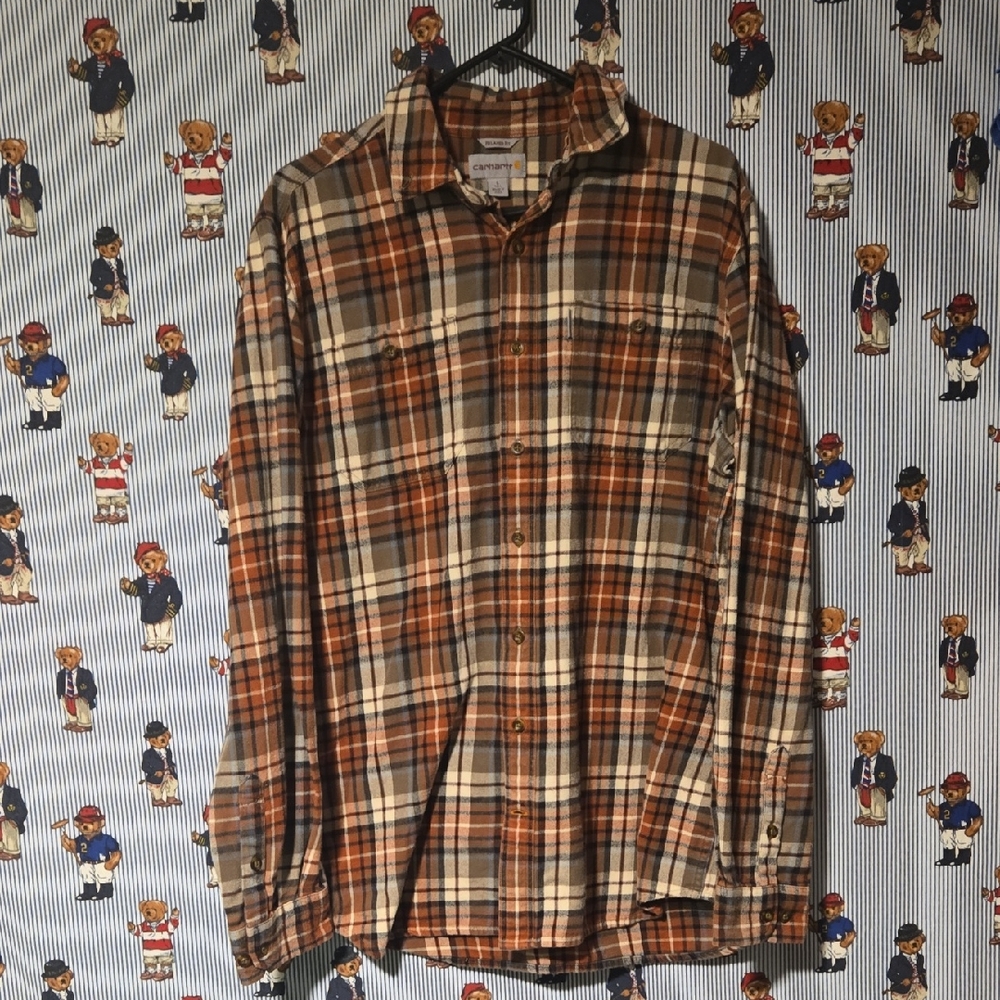 Carhartt Relaxed Fit Large Tall Flannel Plaid Shirt Orange